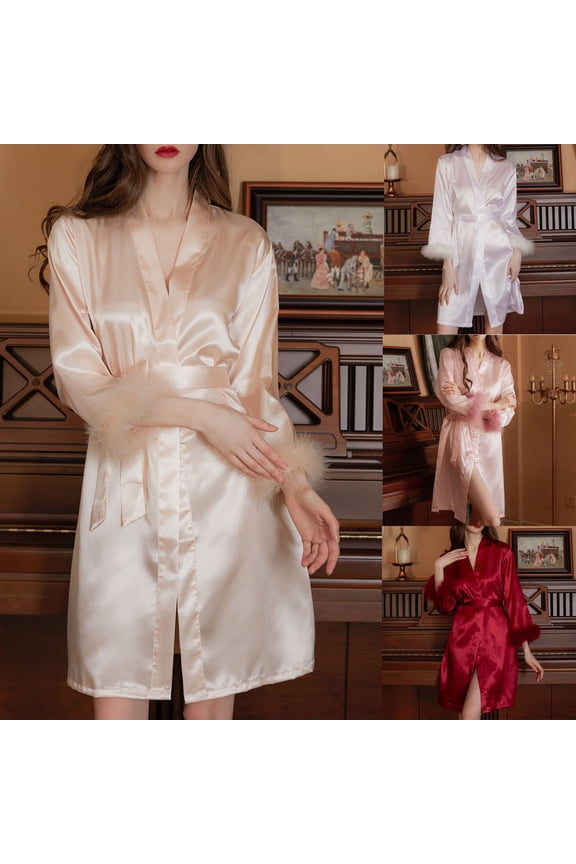 Womens Pajamas Solid Decorative Open Front Satin 9 10 Sleeve Robe Bathrobe