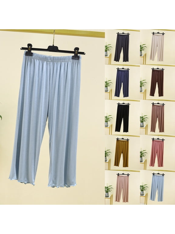 Womens Pajamas Solid High Waist with Pocket Home Thin Casual Capris Length Pants Sleep