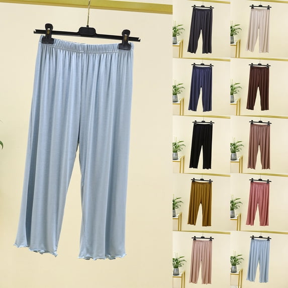 Asxite Womens Pajamas Solid High Waist with Pocket Home Thin Casual Capris Length Pants Sleep