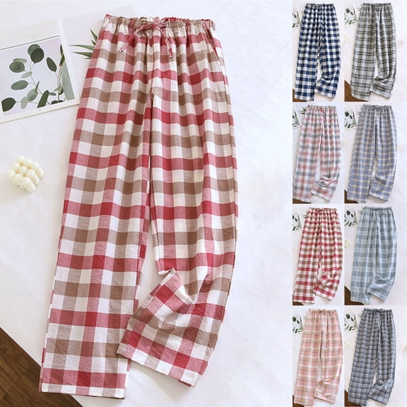 Asxite Womens Pajamas Solid Plaid Print Washed Soft Fabric Thin Loose Home Wear Outside Sleep Pants