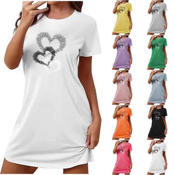 Asxite Womens Pajamas Solid Plus Size Crew Neck Short Sleeve Short Nightgown Chest Print Midi
