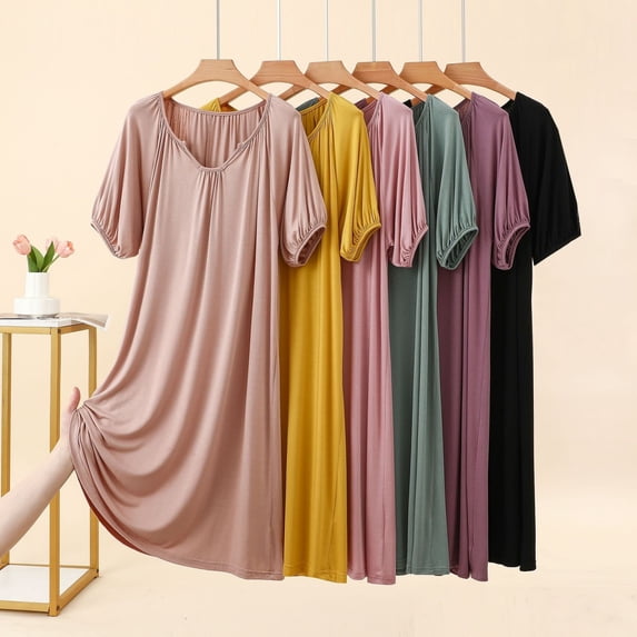 Asxite Womens Pajamas Solid Short Sleeve Round Neck Ruffle Hem Loose Breathable Nightgown
