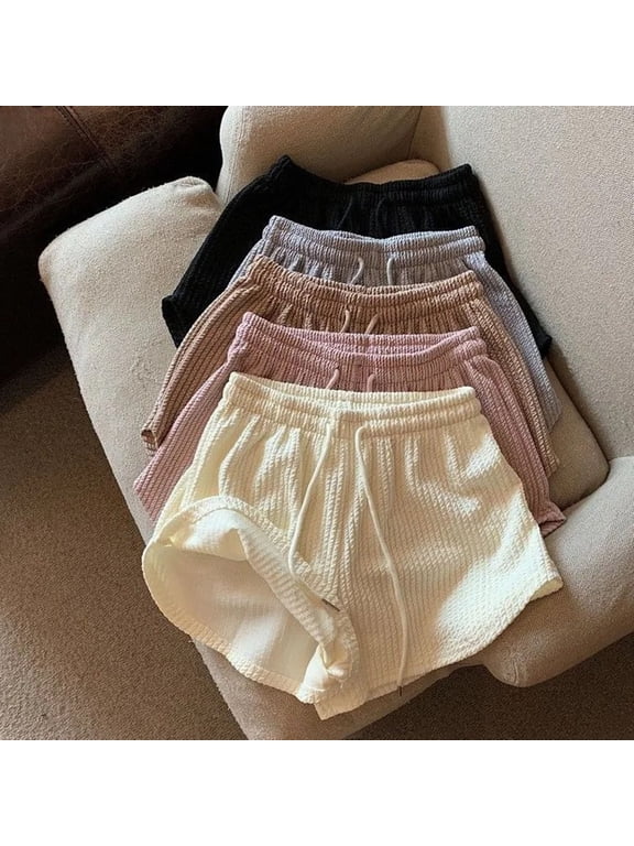Womens Pajamas Solid Textured Drawstring High Waist Shorts Thin Loose Home Sleep