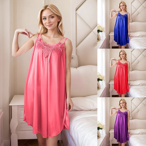 Asxite Womens Pajamas Solid Wide Neck Satin Camisole Midi Nightgown Summer
