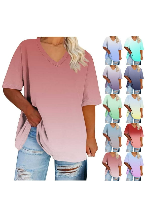 Womens Plus Size V Neck Short Sleeve Printed Summer T Shirt Basic Top Sky Blue M