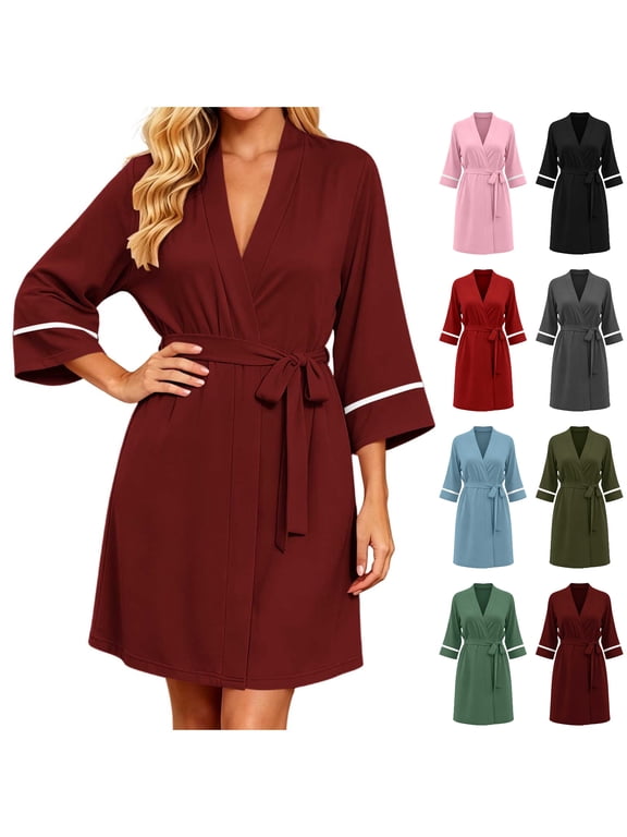 Womens Robe Solid Mid Sleeve Wrap Belt Absorbent Fast Dry Long Bathrobe Loungewear