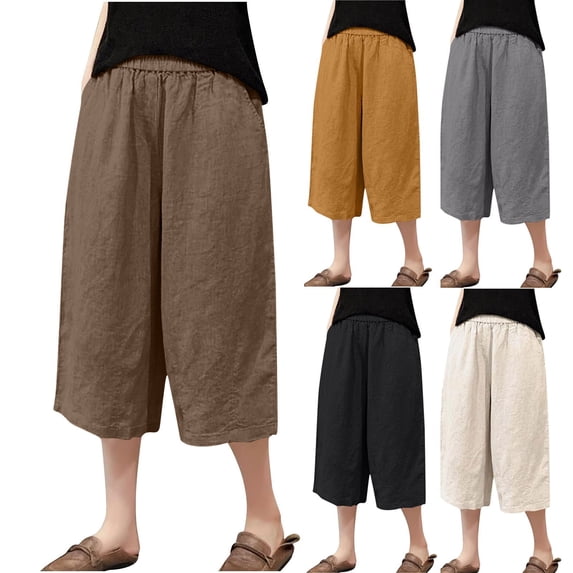 Asxite Womens Shorts High Waisted Solid Elastic Faux Linen Calf Length Summer Loose Breathable