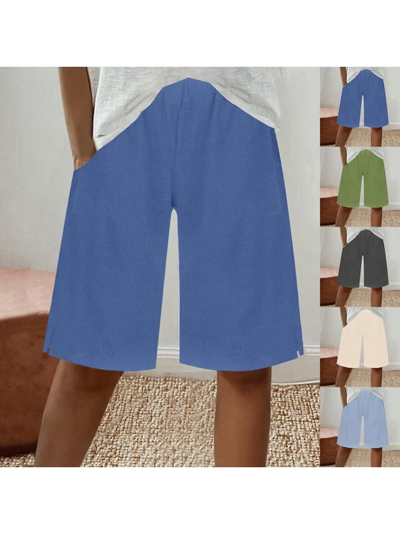 Womens Shorts High Waisted Solid Faux Linen Drawstring Cuffed Calf Length Casual Summer Loose