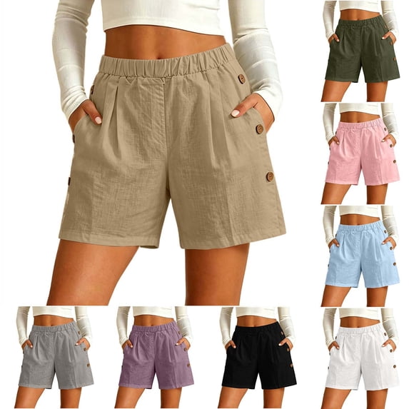 Asxite Womens Shorts Summer Fashion Faux Linen Elastic Waist 2 Pockets Button Casual