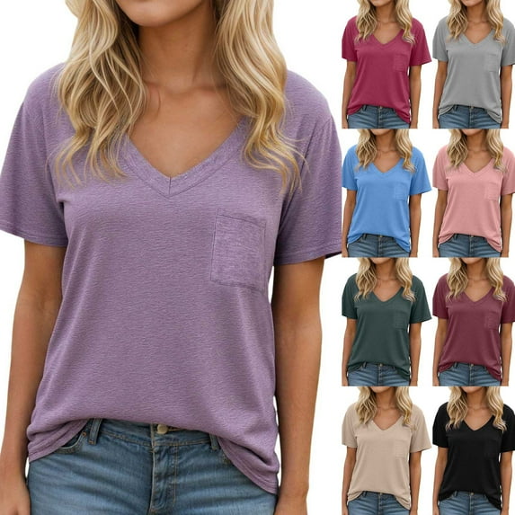 Asxite Womens Summer Solid V Neck Short Sleeve Pocket T Shirt Casual Top Army Green M
