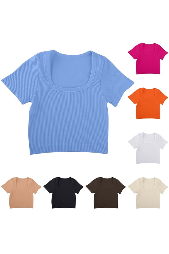 Womens Tops Crop Short Sleeve Solid Color Bateau Neck Ribbed Relaxed Casual Blouse