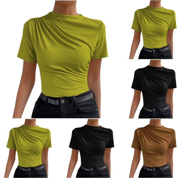 Asxite Womens Tops Crop Short Sleeve Solid Color Round Neck Loose and Breathable Casual Blouse