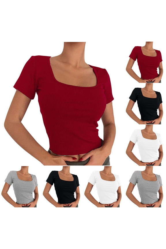 Womens Tops Crop Short Sleeve Solid Color Round Neck Loose and Breathable Casual Blouse