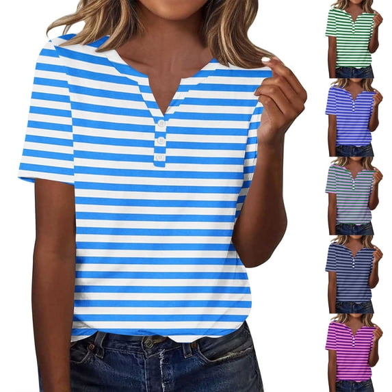 Asxite Womens Tops Short Sleeve Striped Print V Neck Relaxed and Breathable Casual Blouse