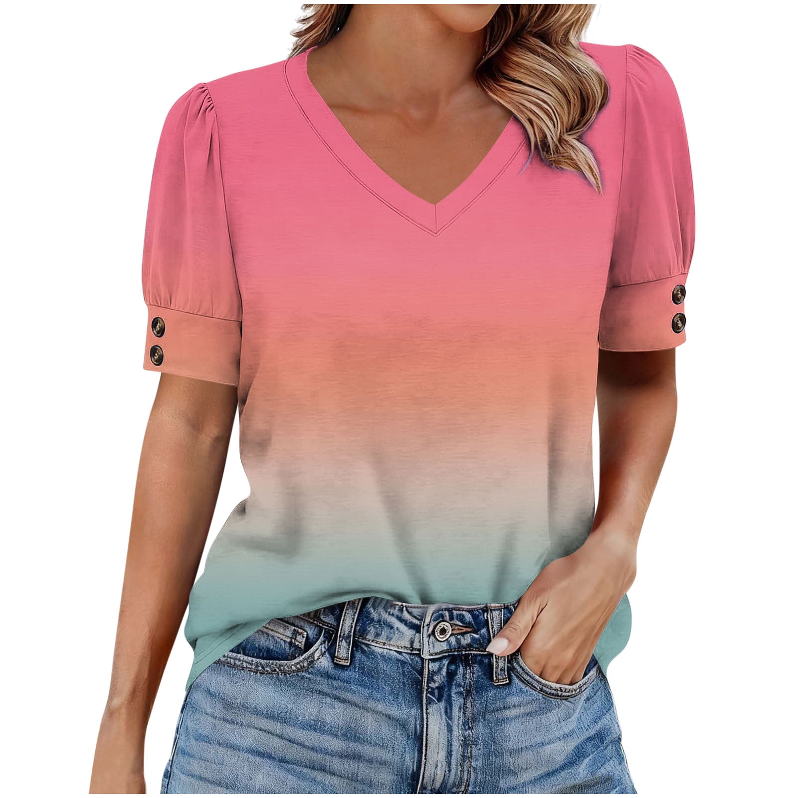 Asxite Womens Tops Short Sleeve Trendy Gradient V Neck Button Detail ...