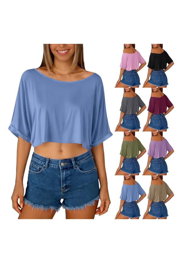 Womens Tops Short Sleeve Trendy Solid Color Bateau Neck Casual Loose and Breathable Blouse
