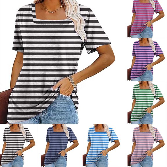 Asxite Womens Tops Short Sleeve Trendy Striped Bateau Neck Loose Breathable Casual Blouse