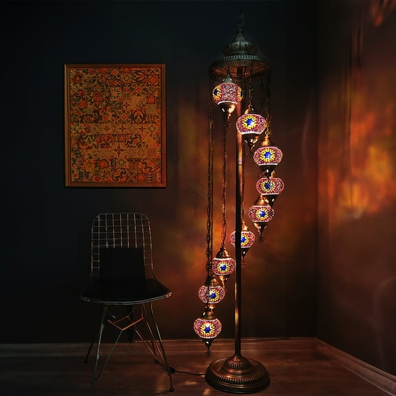 Asylove Turkish Lamp 9 Globe Mosaic Floor Lamp, Mosaic Standing Lamp 9 Globe Mosaic Moroccan Lamps Floor Lamp for Decorative Home Designs Offer 5 inch Globe - Total Height 70 inch