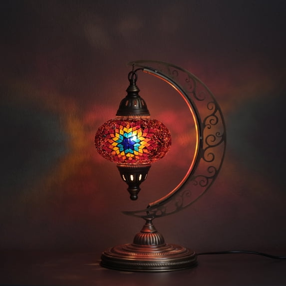 Asylove Turkish Moon Lamp - Mosaic Moroccan Table & Floor Light, Authentic Meditation Lamp - Total Dim. 7.5 x 11 x 18 inches (Flame)