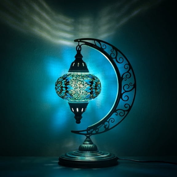 Asylove Turkish Moon Lamp - Mosaic Moroccan Table & Floor Light, Authentic Meditation Lamp - Total Dim. 7.5 x 11 x 18 inches (Turquoise)