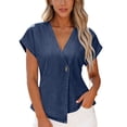 thumbnail image 1 of Asymmetric Button V-Neck Dolman Sleeve Denim Casual Top for Women Solid Color Spring Summer Blouse for Daily Wear S-XXL, 1 of 7