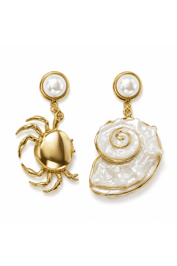 Asymmetric Coastal Shell and Crab Dangle Earrings, Ocean Inspired Beach Vacation Drop Studs for Women, Summer Resort Style and Weekend Getaways