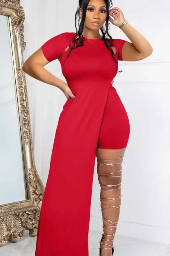 Asymmetric Cut Tee Shirt Dress Set (M, LightPeachOrange)