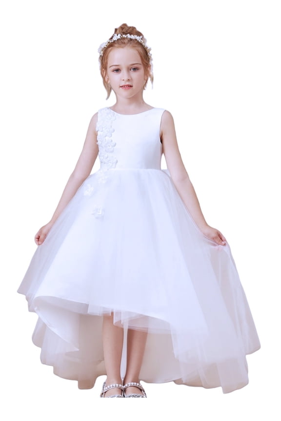 Asymmetric Flower Girl Dress with Detachable Beaded Waistband Scoop Neck Tulle Lace Princess Pageant Dress Birthday Party Dress for Girls Elegant Floral Design Special Occasion white 10 -11Years