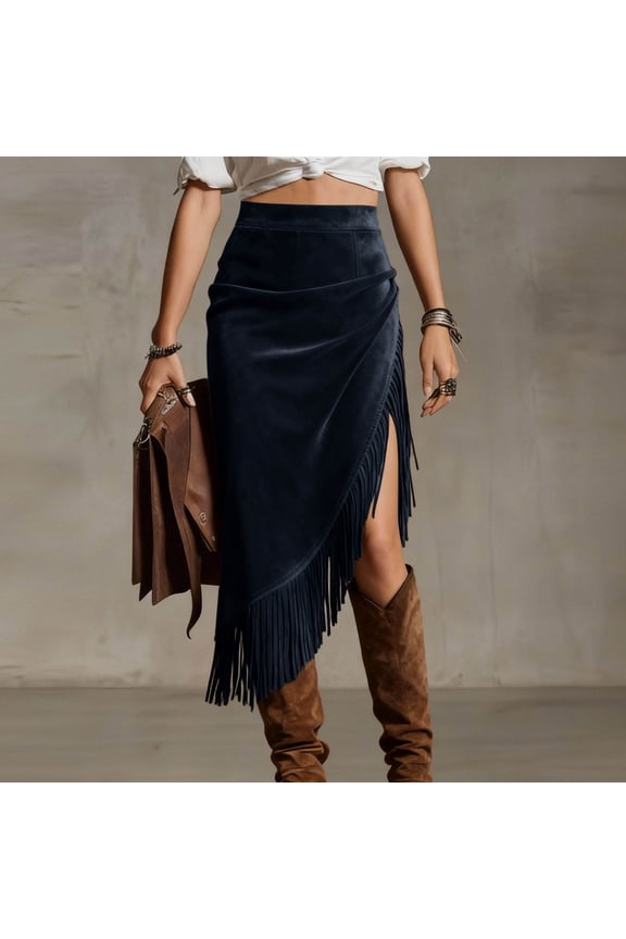 Asymmetric Fringe Split High-Waisted Bodycon Midi Skirt for Women