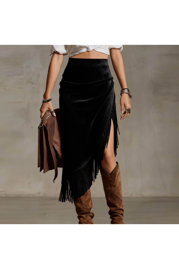 Asymmetric Fringe Split High-Waisted Bodycon Midi Skirt for Women