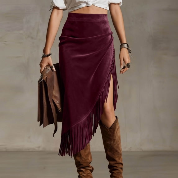 Asymmetric Fringe Split High-Waisted Bodycon Midi Skirt for Women