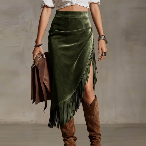 Asymmetric Fringe Split High-Waisted Bodycon Midi Skirt for Women