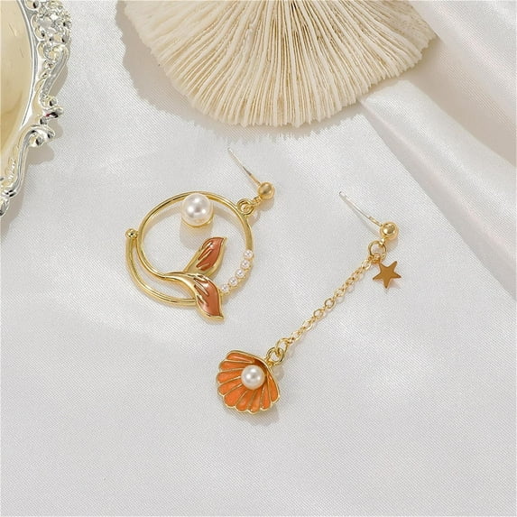 Asymmetric Mermaid Personalized Pearl Earrings Alloy Jewelry Set 2Pairs for Women's Stylish Accessory