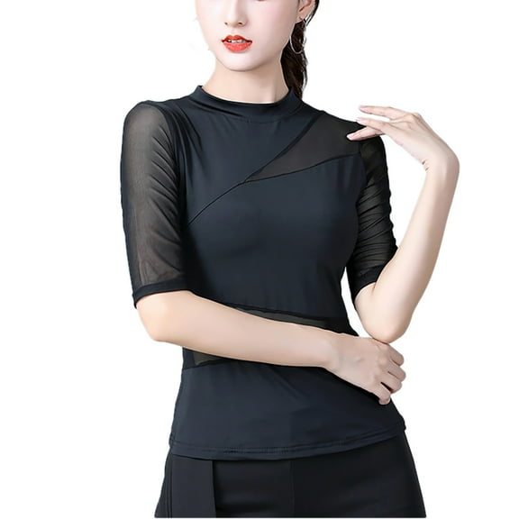 Asymmetric Mock Neck Mesh Insert Panel Half Sleeves Dance Teacher Shirt T Shirt Tops Blouse For Women Adult Ladies Ballroom Latin Dance