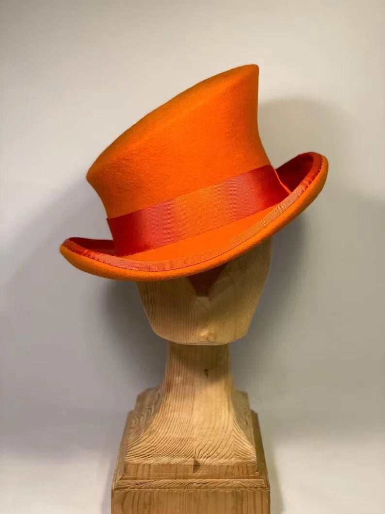 Asymmetric Top Hat Wool Hat Women Men Unisex Hat Steam Punk Hat Top Hat Fashion Ribbon Decorative Hat Cover Head For Men，Orange