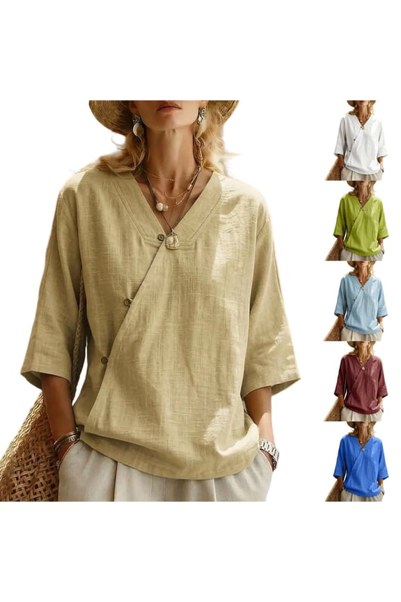 Asymmetric Wrap Tunic for Women - V-Neck Button Detail Cotton Linen Blend Top, Loose Fit Boho Blouse for Women's Summer Resort & Casual Wear Wine S