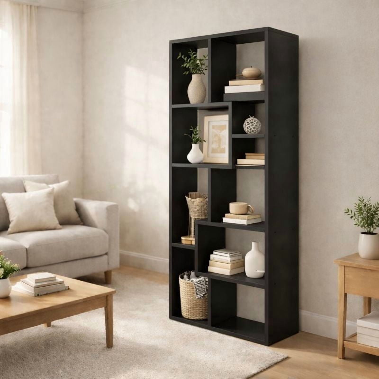 Asymmetrical 5-Tier Bookcase - Sleek Black Display Shelf with Bold Architectural Lines