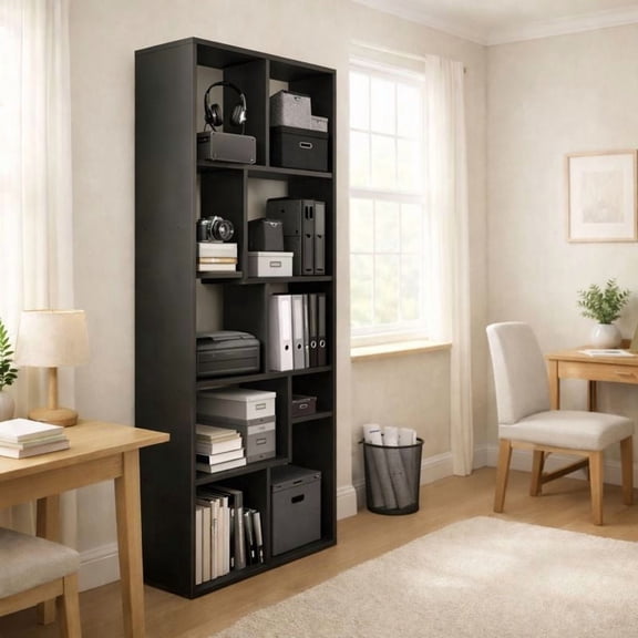 5-Tier Black Asymmetrical Display Shelf & Bookcase, Compact Storage Bookcase