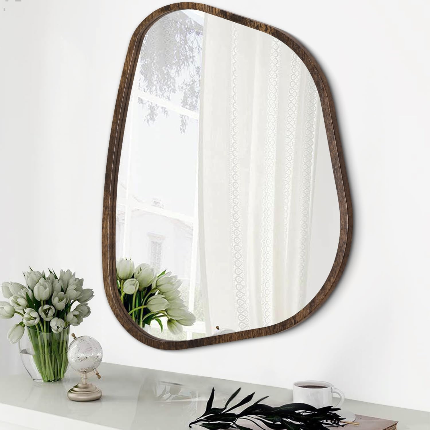 Asymmetrical Accent Mirror for Wall Irregular Oval Wood Frame Modern