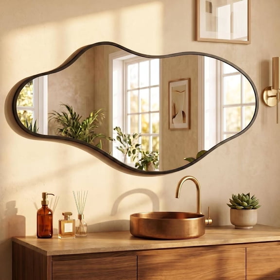 Asymmetrical Cloud-Shape Wall Mirror with Brushed Aluminum Frame, 24" x 43", Black