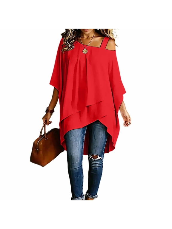 Asymmetrical Cold Shoulder Tunic Tops for Women Layered Irregular Hem Loose Fit Casual Flowy Blouse for Casual Occasions
