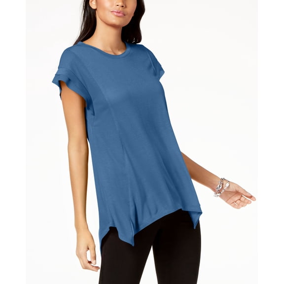 Asymmetrical Contrast Detail Top Chambray Blue 2XL
