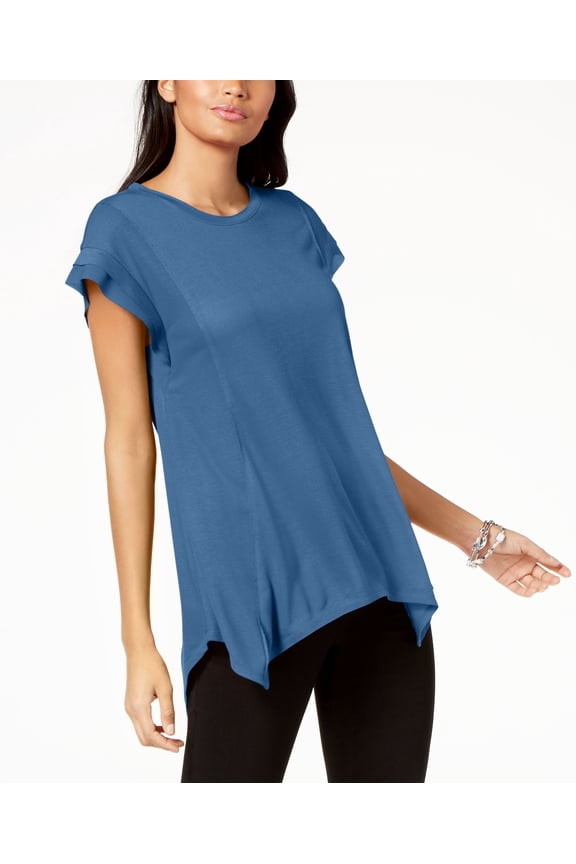 Asymmetrical Contrast Detail Top Chambray Blue 2XL
