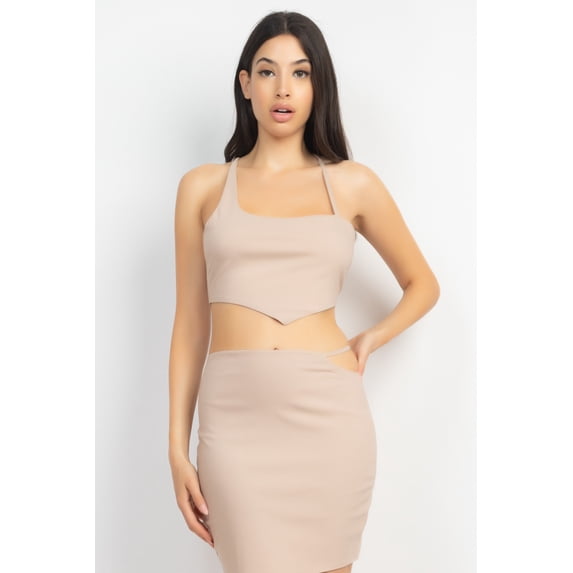 Asymmetrical Cross Back Top & Skirts Set Light Taupe ' S