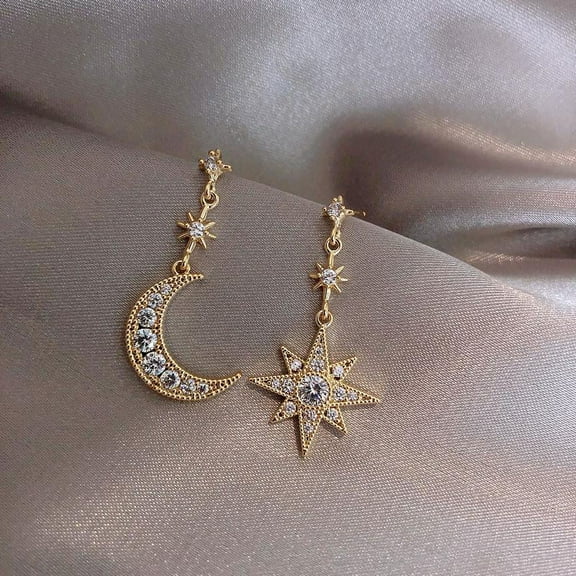 Asymmetrical Crystal Star/Moon Drop/Dangle Earrings