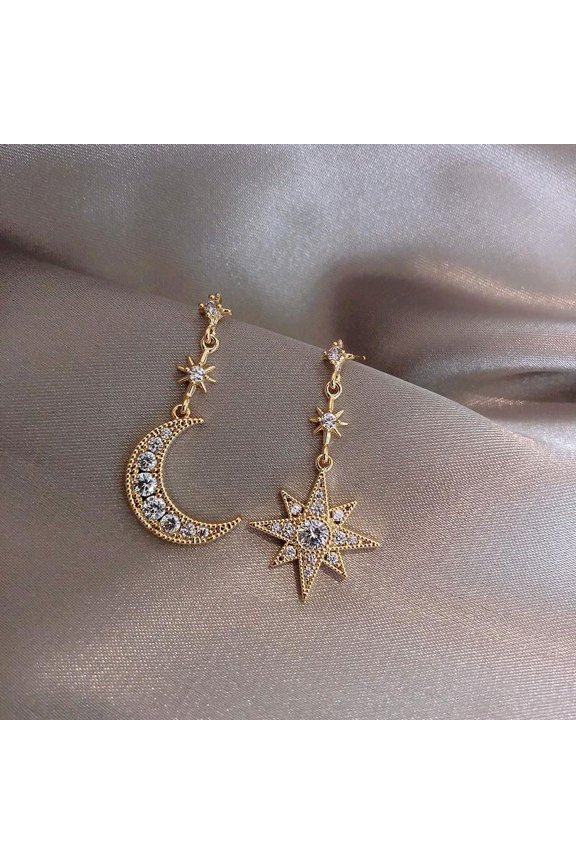 Asymmetrical Crystal Star/Moon Drop/Dangle Earrings