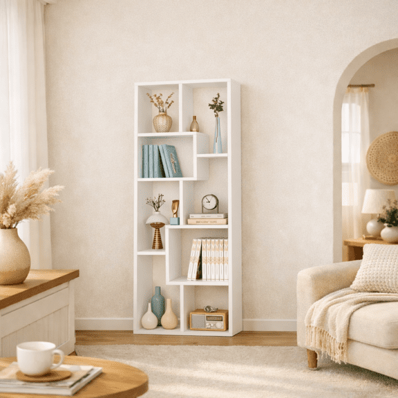 Asymmetrical Display Shelf & Bookcase, 5-Tier, White