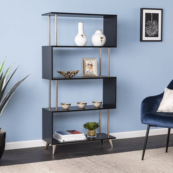 Asymmetrical Etagere Bookcase - 5 Shelf Open Back Display with Retro Legs - Black Finish - 31.5" Wide