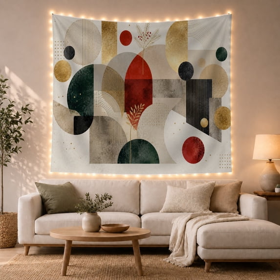 Asymmetrical Geometric Shapes on Off-White Background, Calming Abstract for Art Enthusiasts, Modern Bohemian Wall Decor, Housewarming Gift, Tapestry Wall Hanging for Bedroom and Living Room