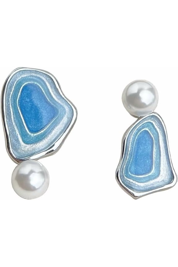 Asymmetrical Handmade Resin & Pearl Drop Earrings for Women, Blue Drip-Oil Irregular Dangle Earrings, Lightweight Daily Wear Jewelry Gift for Party & Casual Outfits[b713]